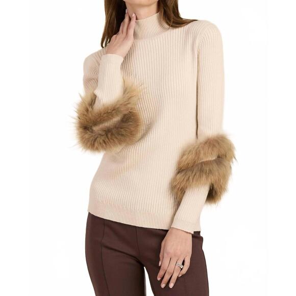NEW TYLER BOE cosette cotton cashmere mock neck faux fur sweater in limestone - Picture 3 of 5